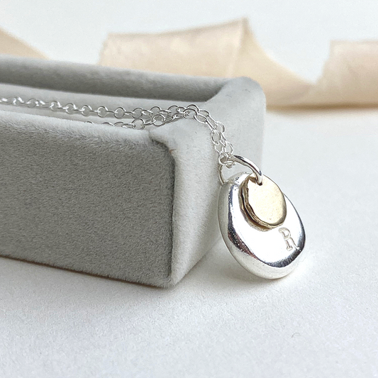 The Shilling Necklace - recycled sterling silver and 9ct gold personalised necklace - hand stamped mixed metal monogram pendant