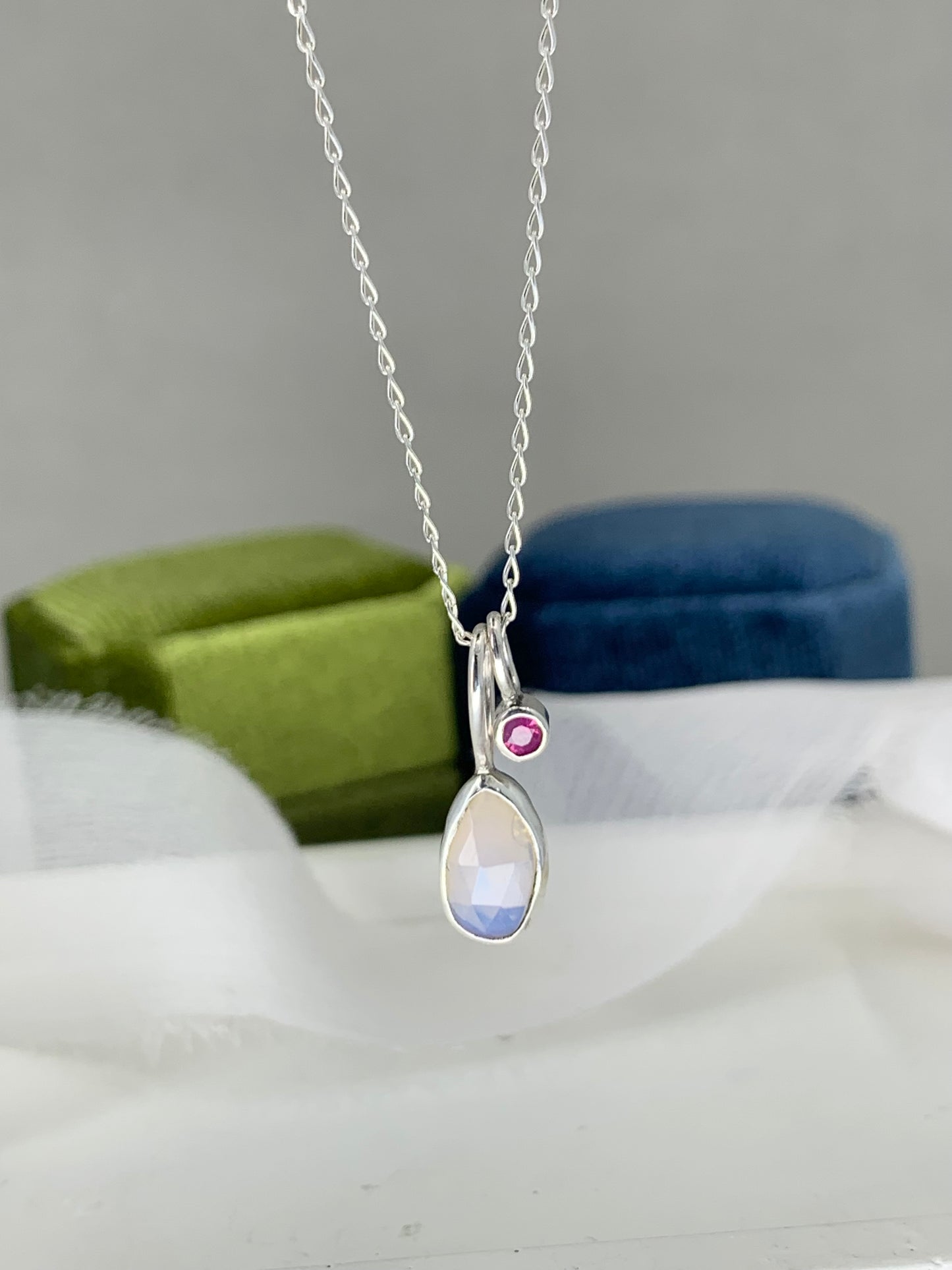 Opal and ruby sterling silver cluster necklace
