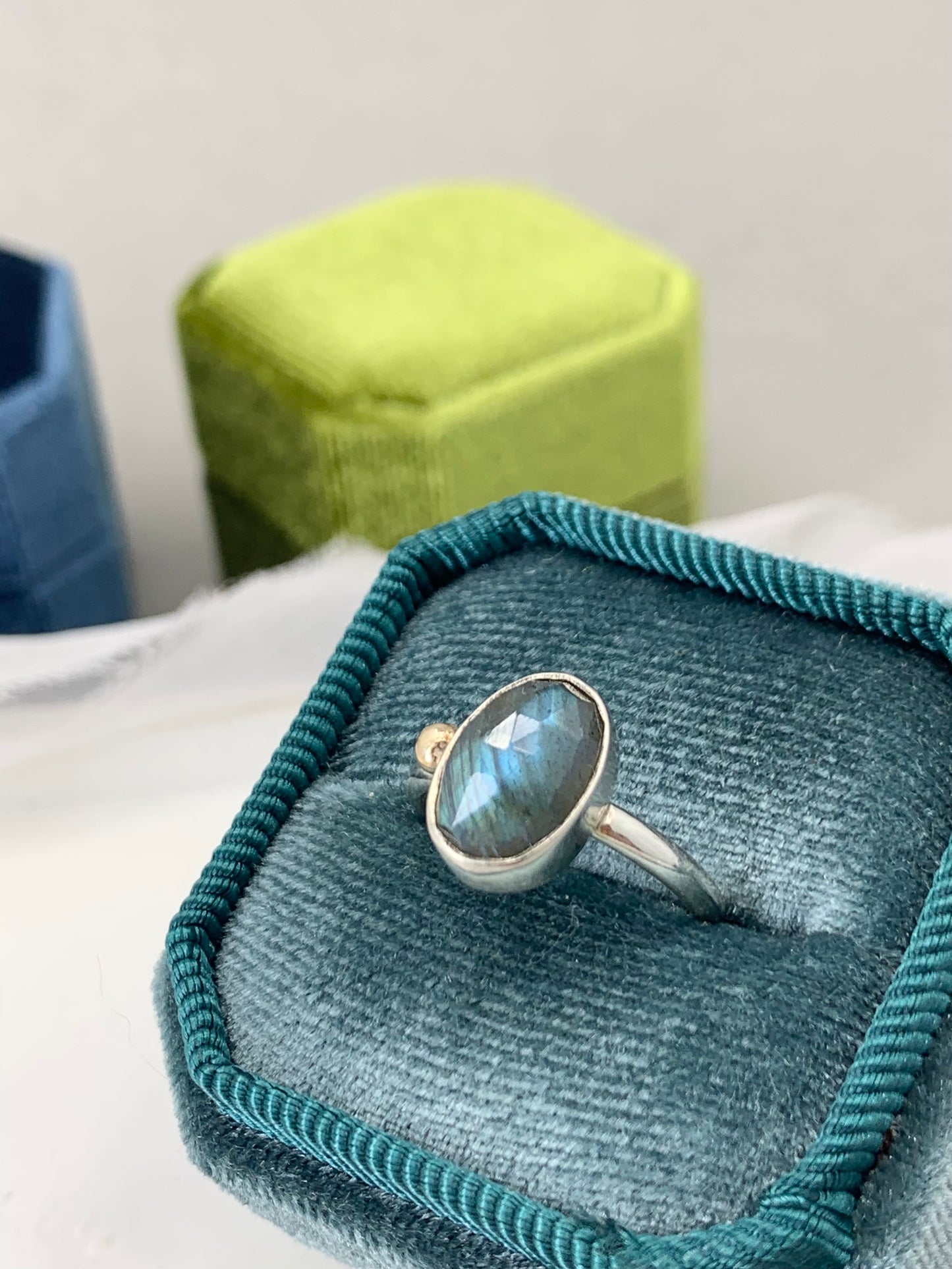 Laboradite offset silver and 9ct gold ring