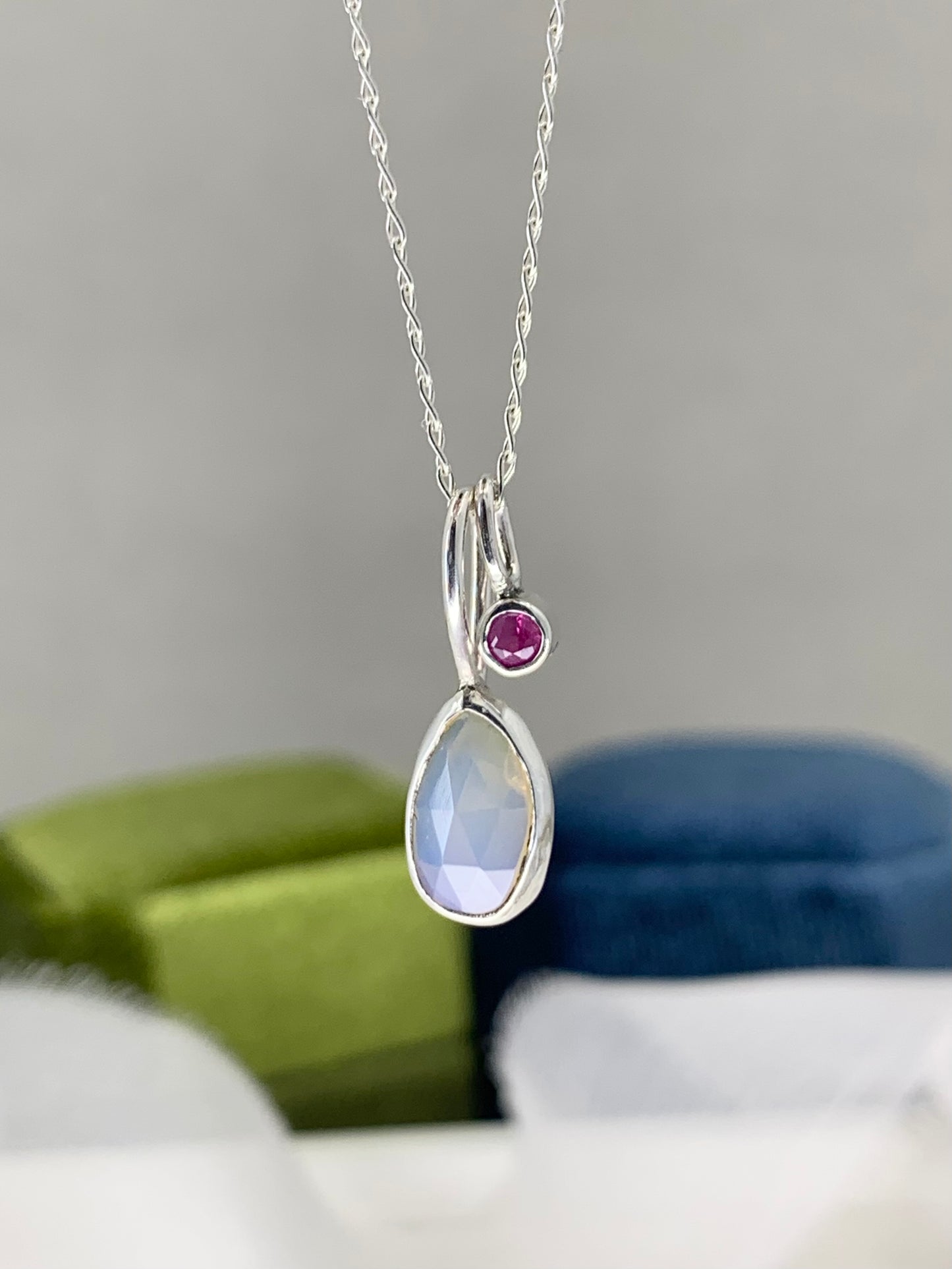 Opal and ruby sterling silver cluster necklace