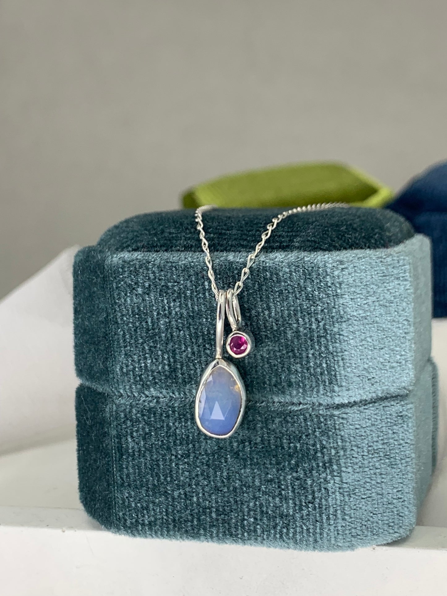 Opal and ruby sterling silver cluster necklace