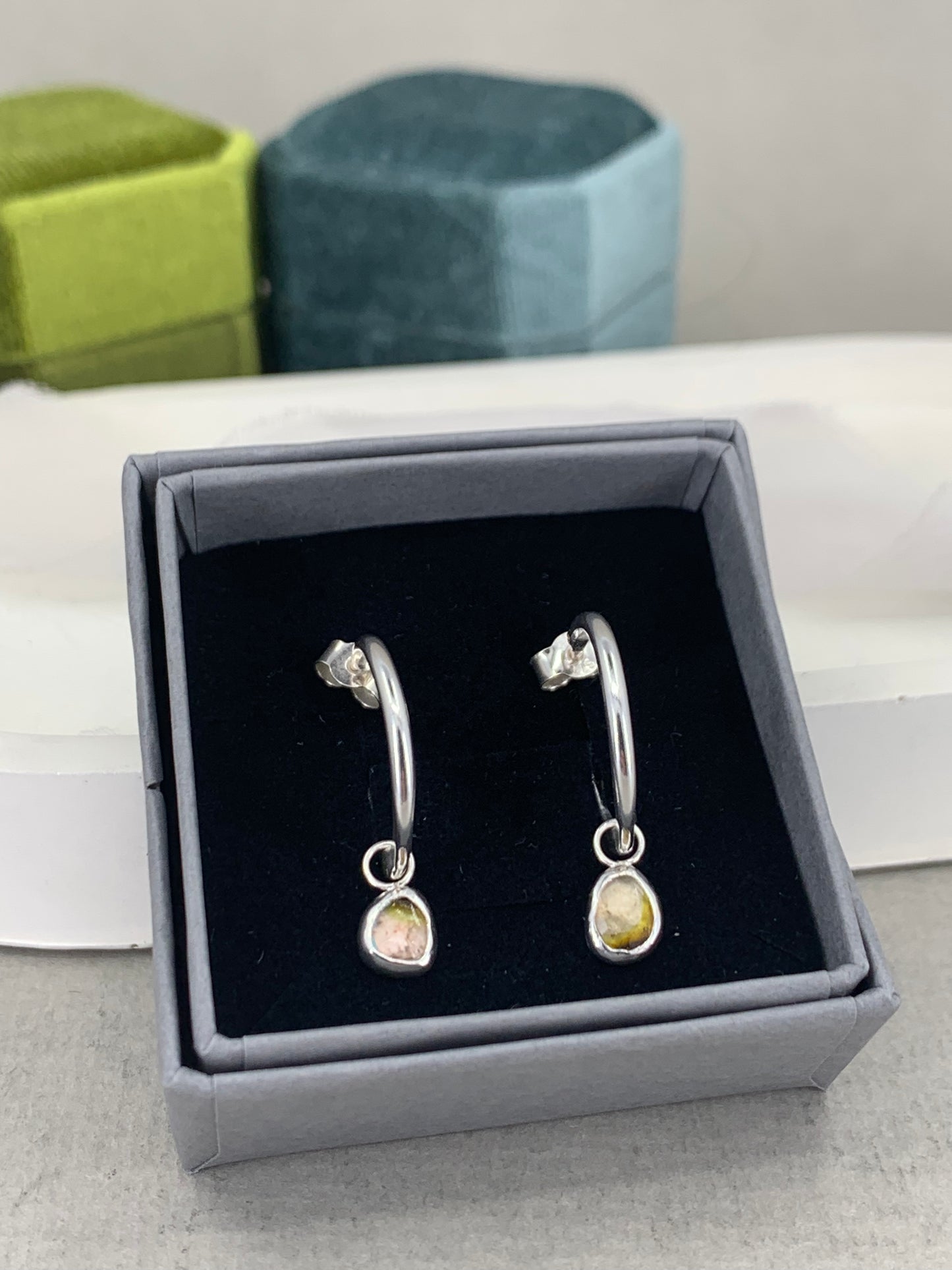 Tourmaline drop hoop sterling silver earrings