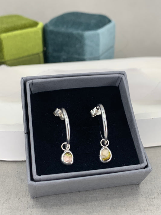 Tourmaline drop hoop sterling silver earrings