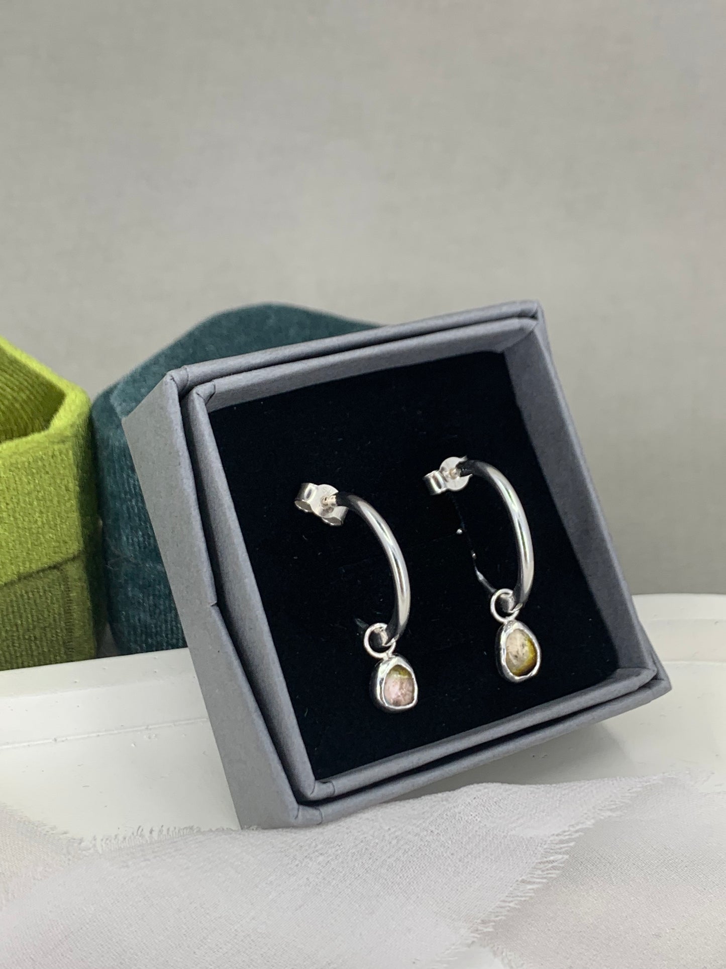 Tourmaline drop hoop sterling silver earrings