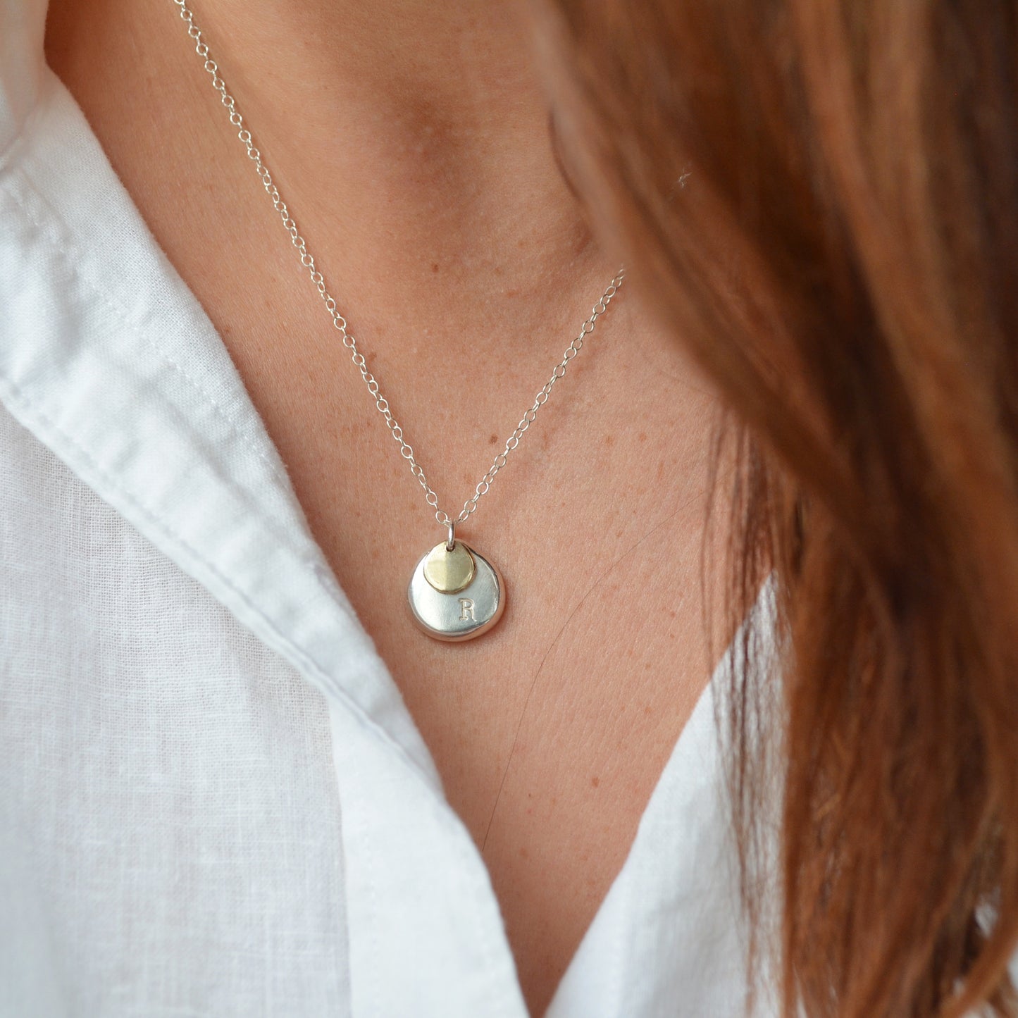 The Shilling Necklace - recycled sterling silver and 9ct gold personalised necklace - hand stamped mixed metal monogram pendant