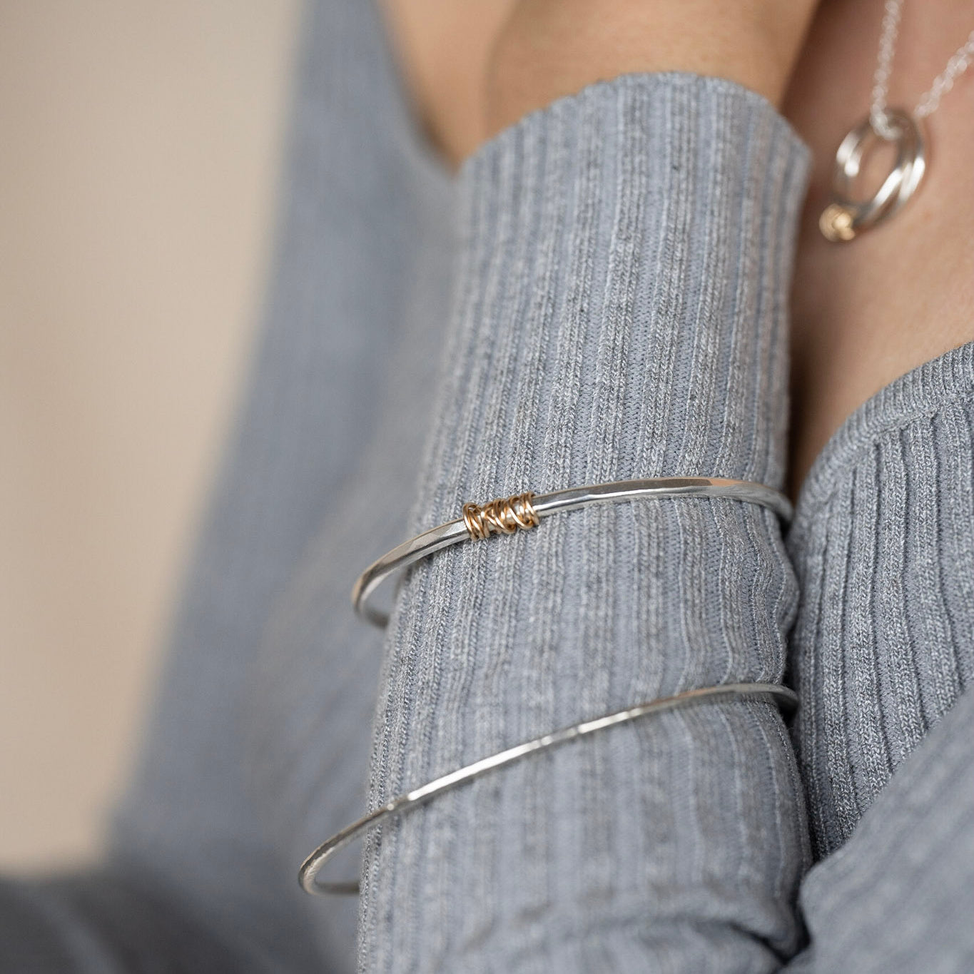 The Tanner Personalised Bangle - sterling silver with 12ct gold twist personalised textured bracelet - hand stamped secret message jewellery