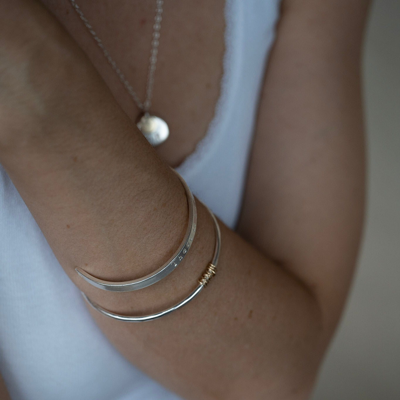 The Tanner Personalised Bangle - sterling silver with 12ct gold twist personalised textured bracelet - hand stamped secret message jewellery