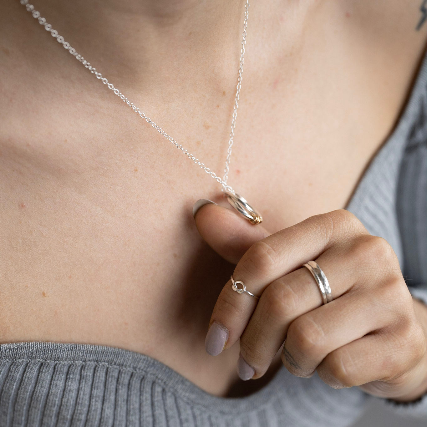 The Tanner Hoop Necklace - sterling silver hoop necklace with 12ct filled gold twist - entwined Russian style interlinked rings